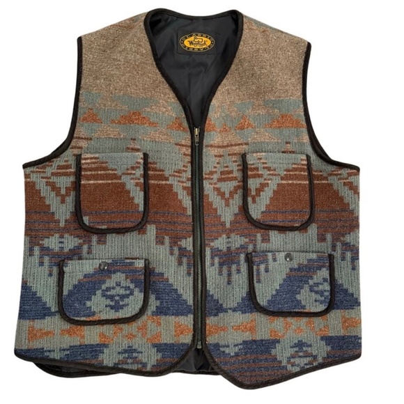 Woolrich Vintage Wool Blend Full Zip Lined Vest Large Southwestern Print Outdoor - Picture 1 of 6